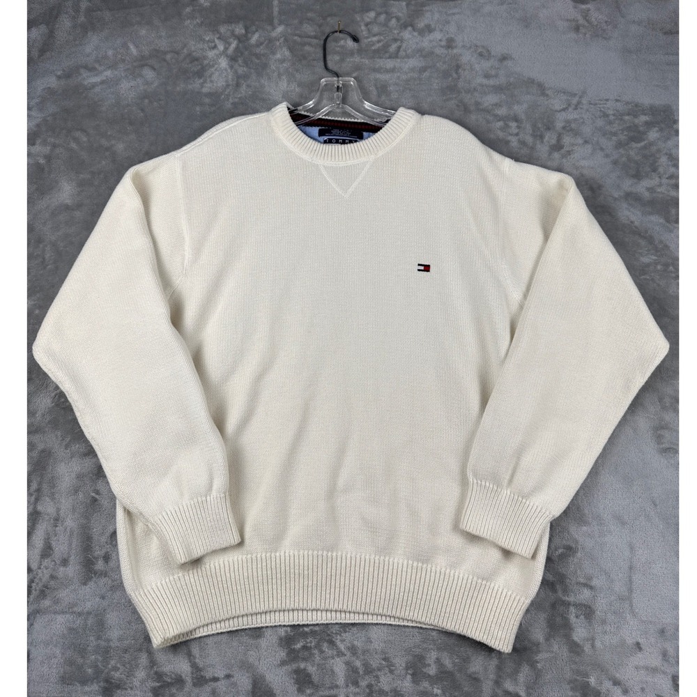 Tommy Hilfiger Mens XL Cream Cotton Knit Crewneck‎ Sweater Flag Logo Off White